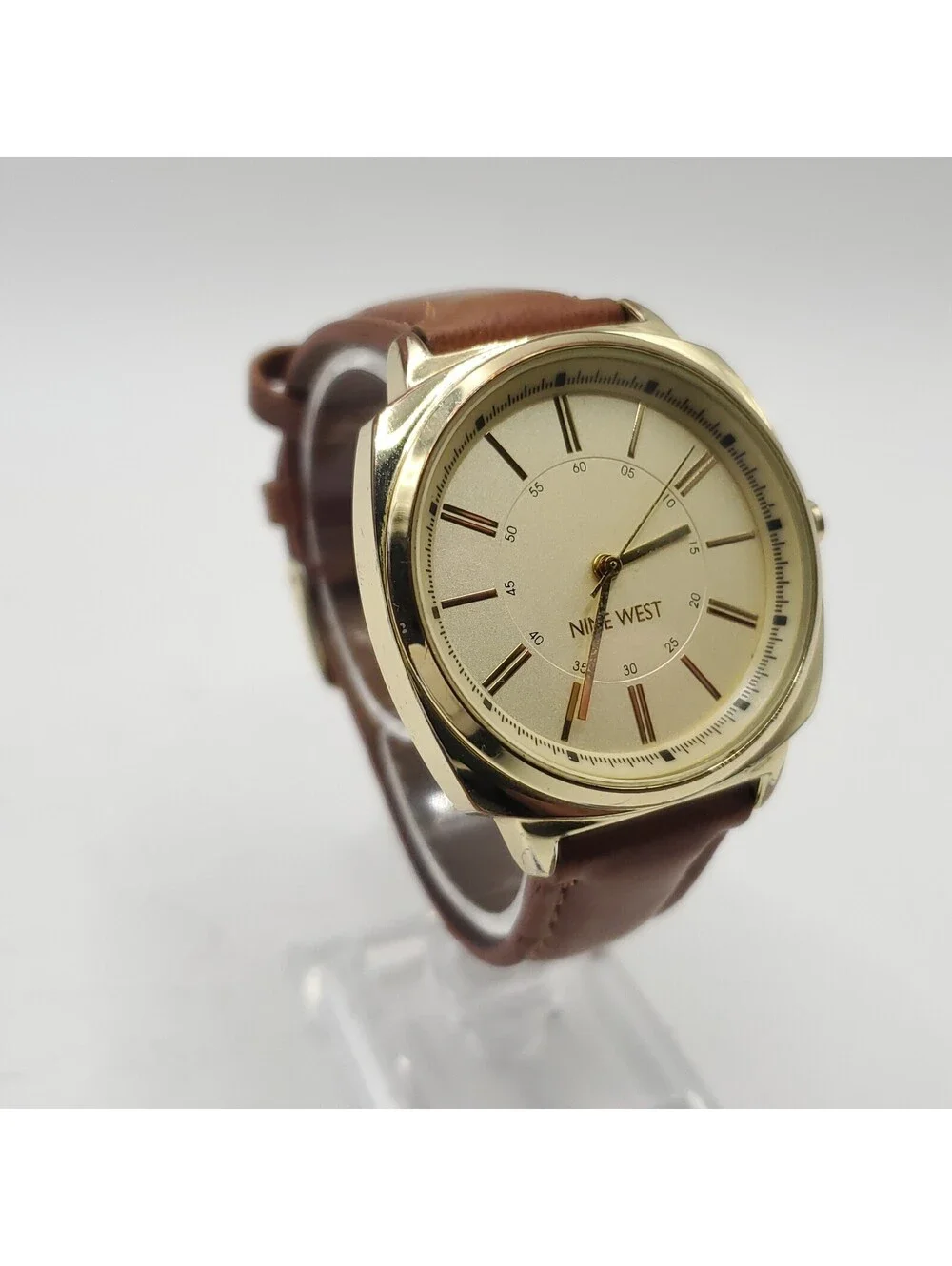 Nine West Quartz Gold Tone Brown Leather Band Womens Watch 36mm New Battery